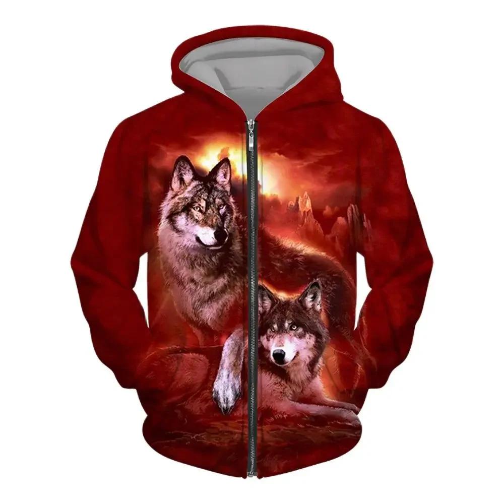 ETST0013 Heren hoodie met rits Wolf 3D-geprinte hoodie met rits heren trui mode casual trui straat Harajuku Kleding Lente en herfst XL