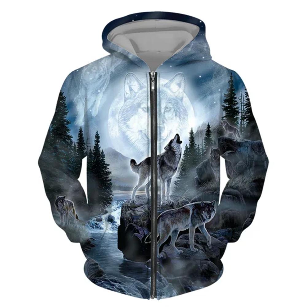 ETST0013 Heren hoodie met rits Wolf 3D-geprinte hoodie met rits heren trui mode casual trui straat Harajuku Kleding Lente en herfst M