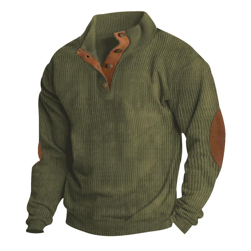 ChicFashion Men's Pullover Outdoor Casual Buttoned Stand Collar Long Sleeve Pit Strip Corduroy Sweatshirt Autumn Winter Fashion XXL legergroene kleur