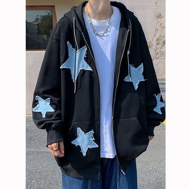 LAKER CC Heren Star Patch Zip Up Hoodie voor heren Oversized Y2k Sweatshirt Jack E-Girl 90s Pullover Streetwear XL zwart
