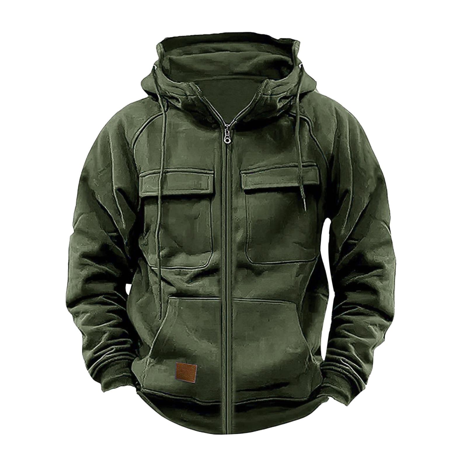 LAKER CC Herfst Winter Heren Capuchon Effen Hoodies Jassen Meerdere Zakken Mannelijke Rits Sweatshirts Sport Buiten Casual Hoodie Jas XXXL legergroene kleur