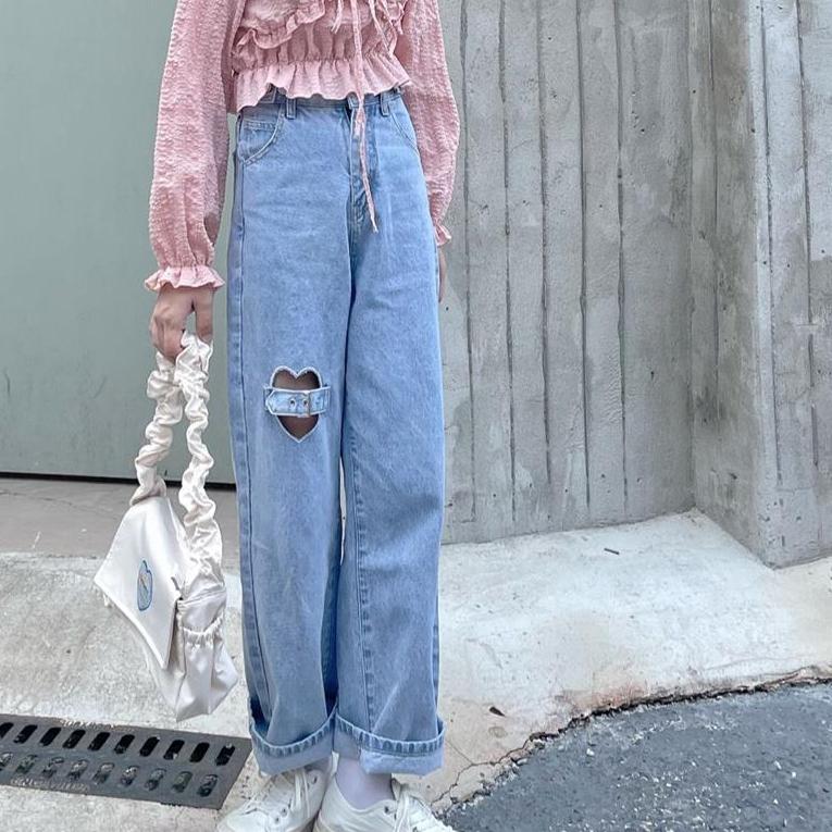 TUVBNRD18 Jeans Dames Zomer Hart Uitgehold Empire Fashion Denim Mujer Hipster Student Mooie minimalistische Retro Dagelijkse nieuwe broek 2XL blauw