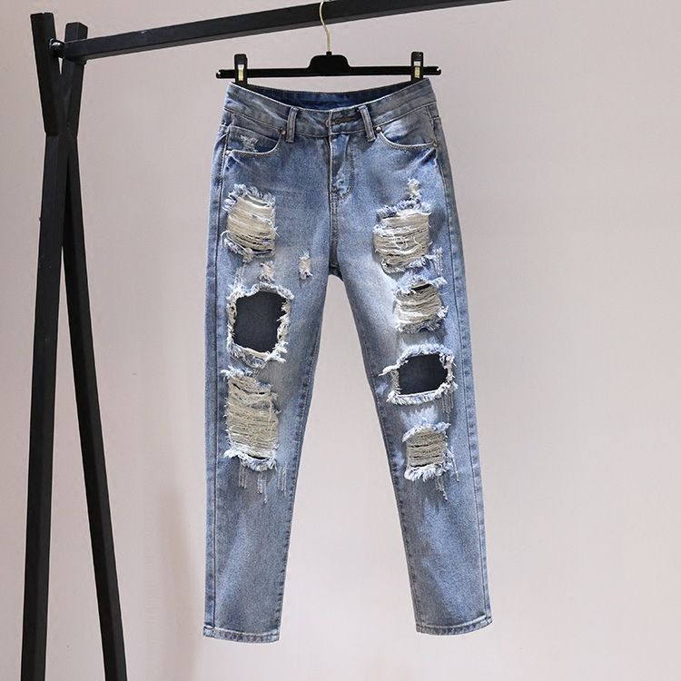 JunChengMY Nieuwe mode-verontruste Harlan-jeans voor loszittende casual damesbroeken 33 blauw