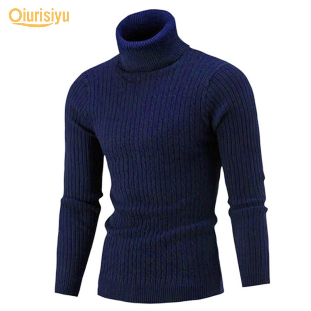 Flospring Heren effen kleur coltrui met lange mouwen en gedraaide gebreide slanke trui M marineblauwe kleur