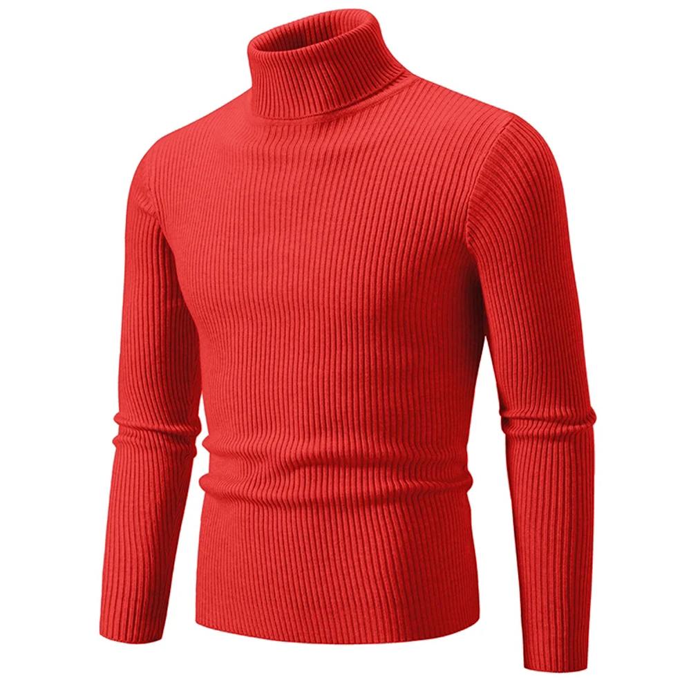 Clothing1 Herfst Winter Coltrui Heren Warm Gebreide Effen Kleur Truien Heren Slim Fit Casual Coltrui Truien Man Truien XL rood