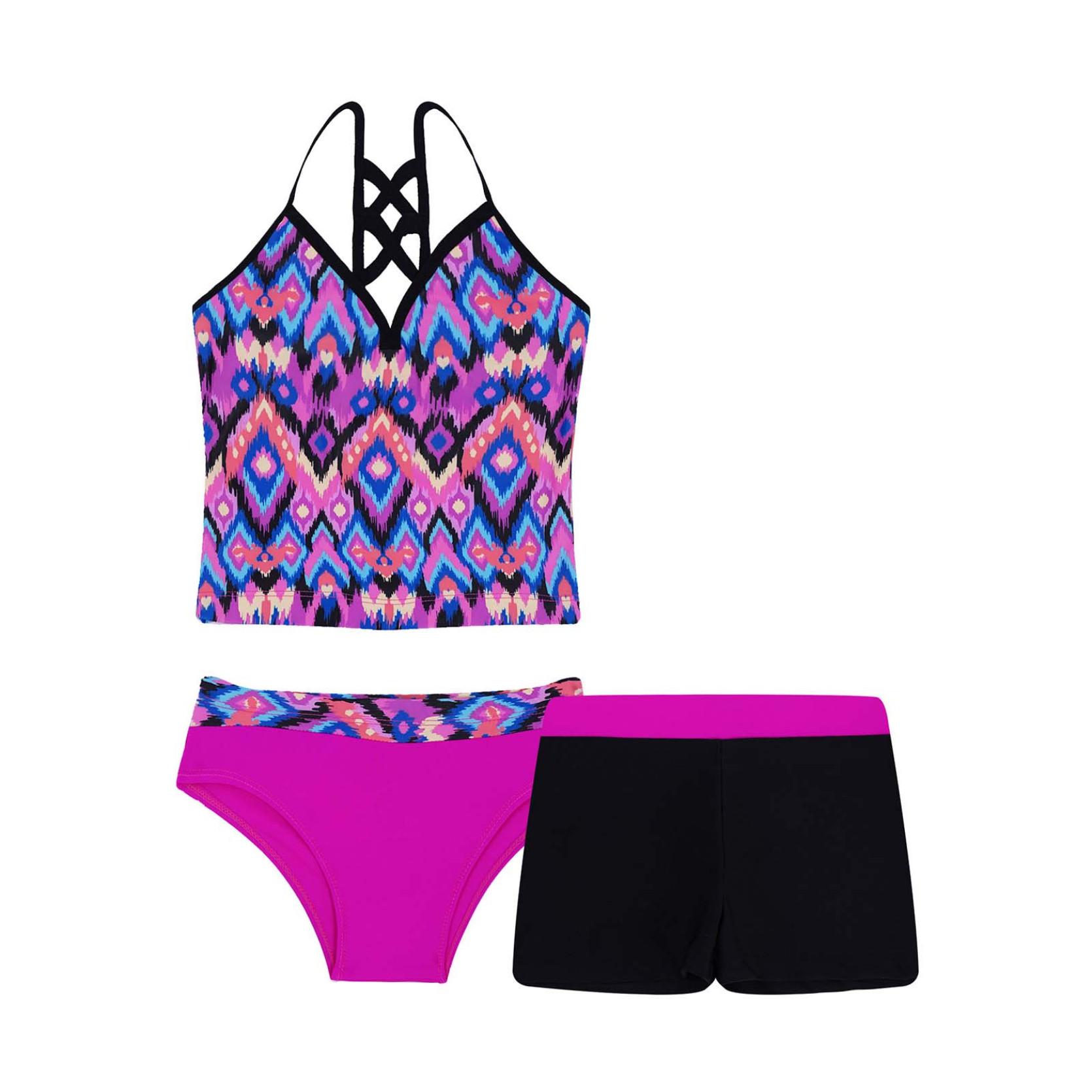 IEFiEL Kleine grote meisjes 3-delig badpak mode bloemen tankini bikini set kindertanktop met korte broeken 11-12 Years