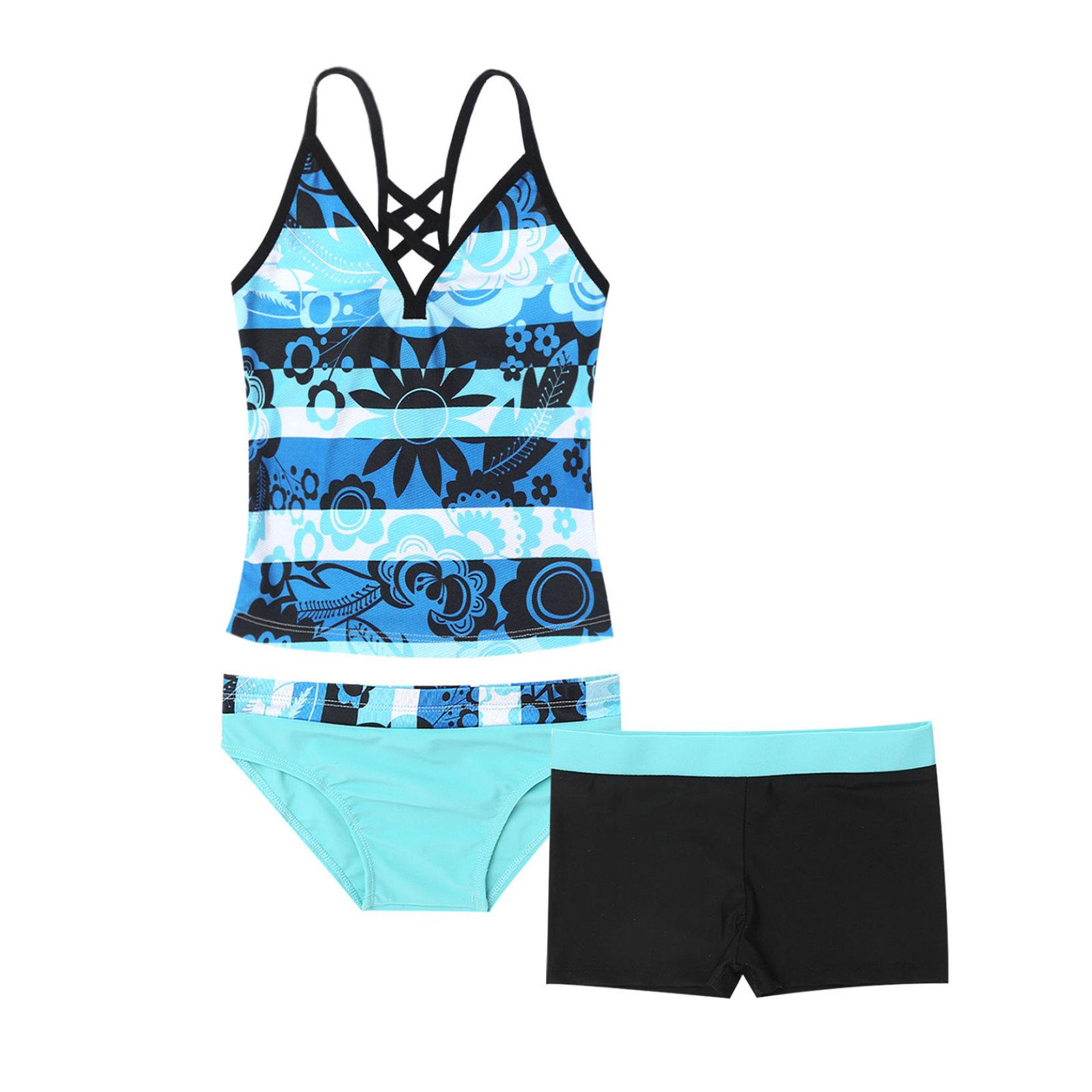 IEFiEL Kids Meisjes Tankini Badpak 3 Stuks Badpakken Bikini Slips Boyshort Tops Bloemen Gedrukt Zwemmen Strandkleding Pakken 11-12 Years lichtblauwe kleur