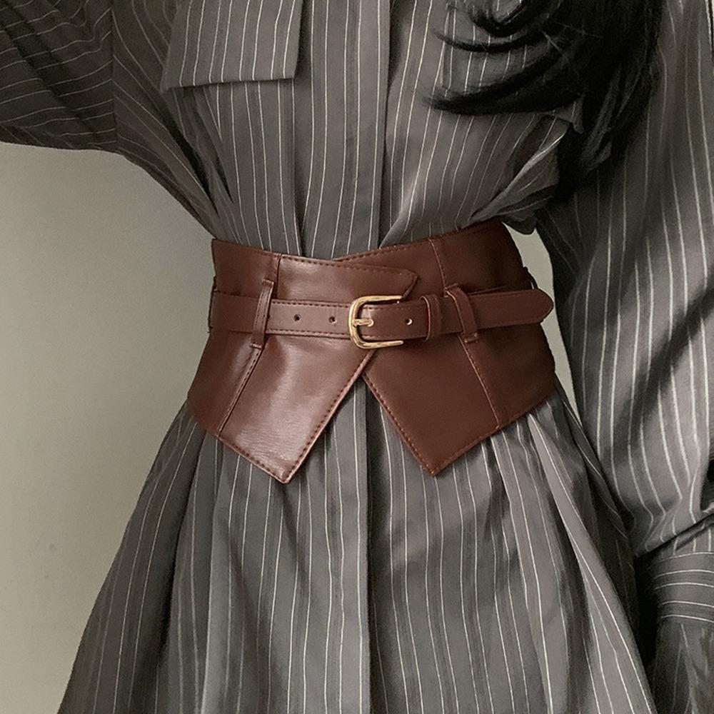 KaiTingu Verstelbare brede riem PU leren taille korset gotische elastische cummerbunds meisje bruin