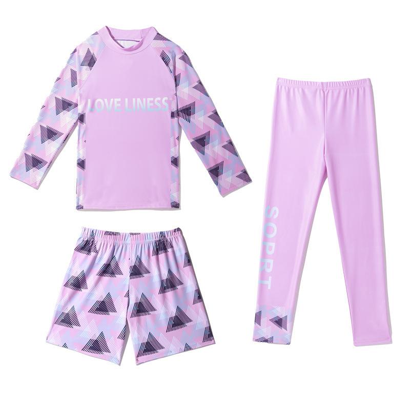 Haicospl New Children's Swimwear Boys' And Girls' Long-sleeved Trousers Three-piece Sun-resistant Quick-drying Suit Warm Swimming Suit For Children 150 lichtpaarse kleur