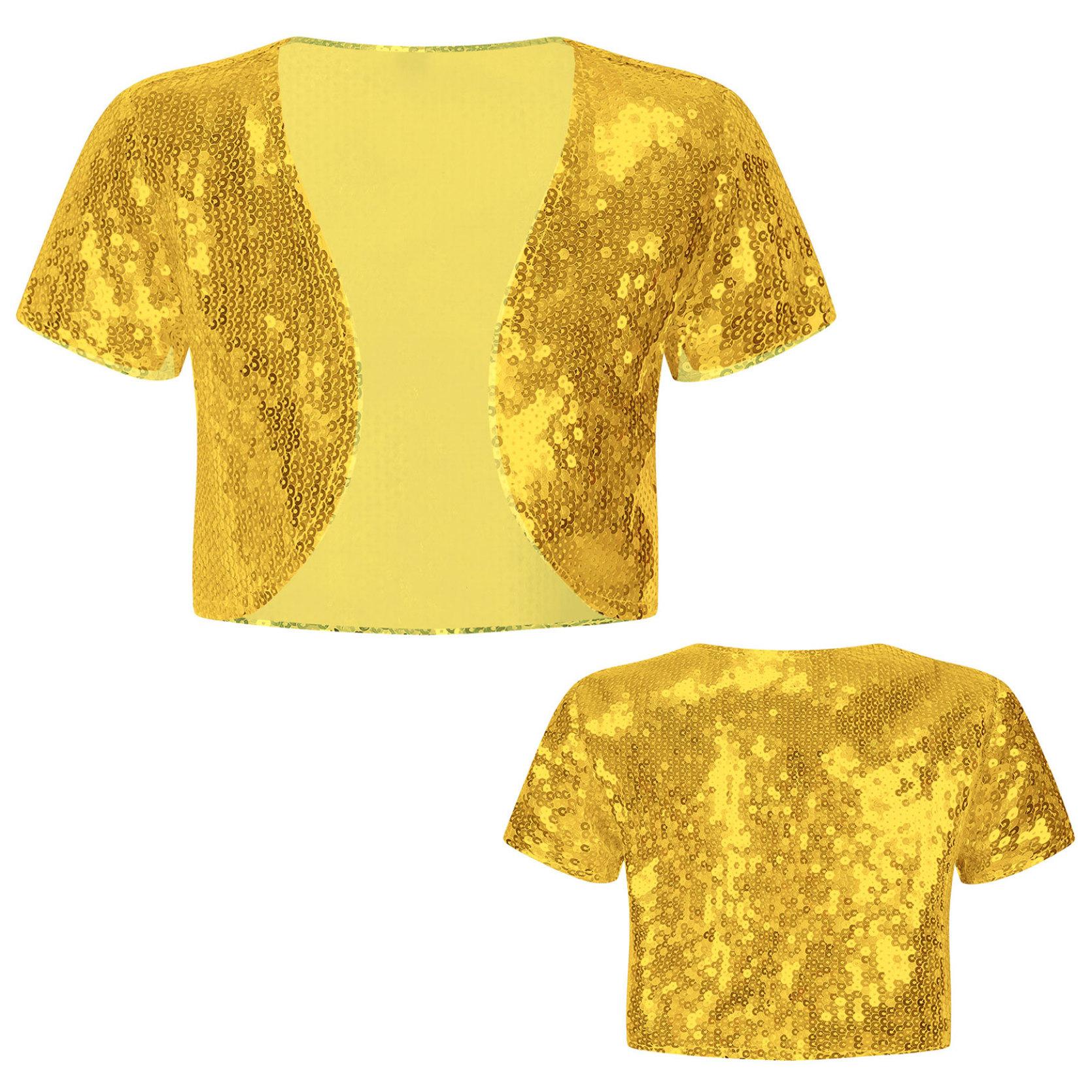 IEFiEL Bolero voor kinderen met sprankelende pailletten en korte mouwen. Kindermeisjes schouderophalende bovenkleding voor prestatiedanskostuum 9-10 Years goud
