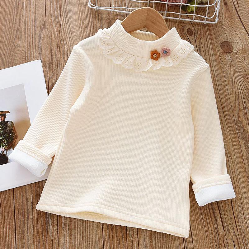 Lucky Black Cat Meisjes Winter Fluwelen Kanten Turtleneck Gebreid T-shirt 130cm abrikoos