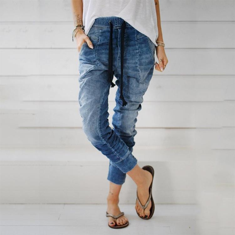 Zhuoneng Clothing Losse grote maat jeans met elastische taille en lantaarnbroek met gesloten pijpen Damesjeans M