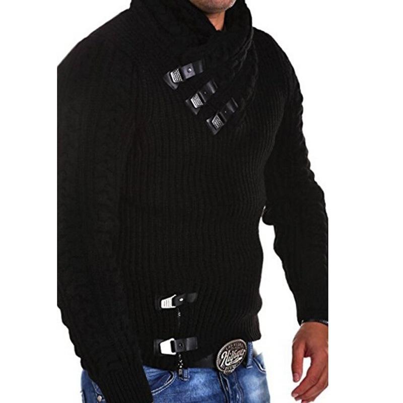 Pro Tool Autumn and Winter Men Twist Pattern Thick Lapel Sweater Pullover Sweater Loose Jacket Leather Buckle Casual Solid Color Base Shirt XL