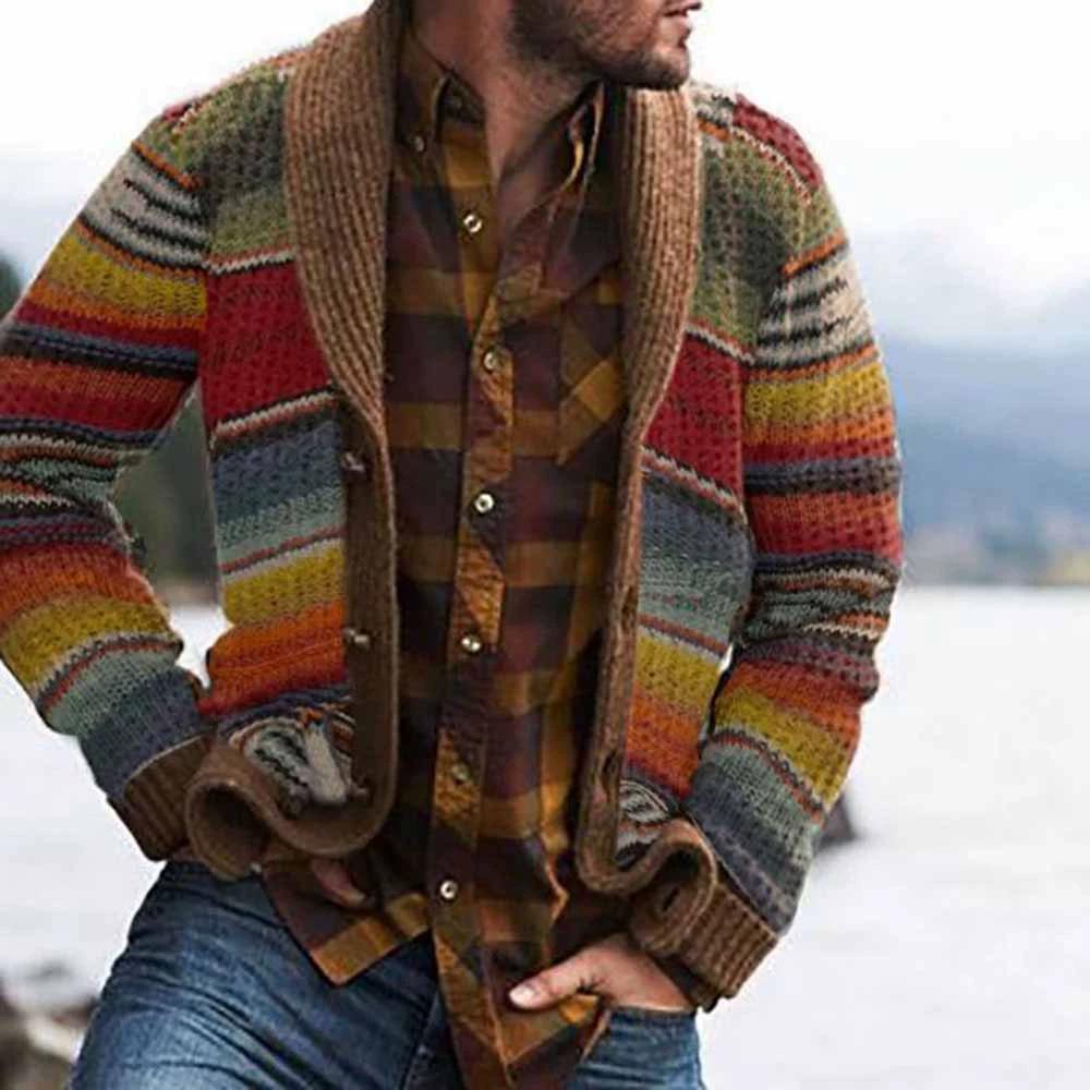 TBommy Spring European and American Men's Sweater Jacket, Collar, Color Blocked Knit Cardigan, Sweater L veelkleurig