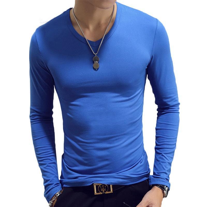 Single 2 Herenkleding 7 kleuren heren casual slim fit effen kleur katoenen T-shirts met lange mouwen en O/V-hals M-O neck lichtblauwe kleur