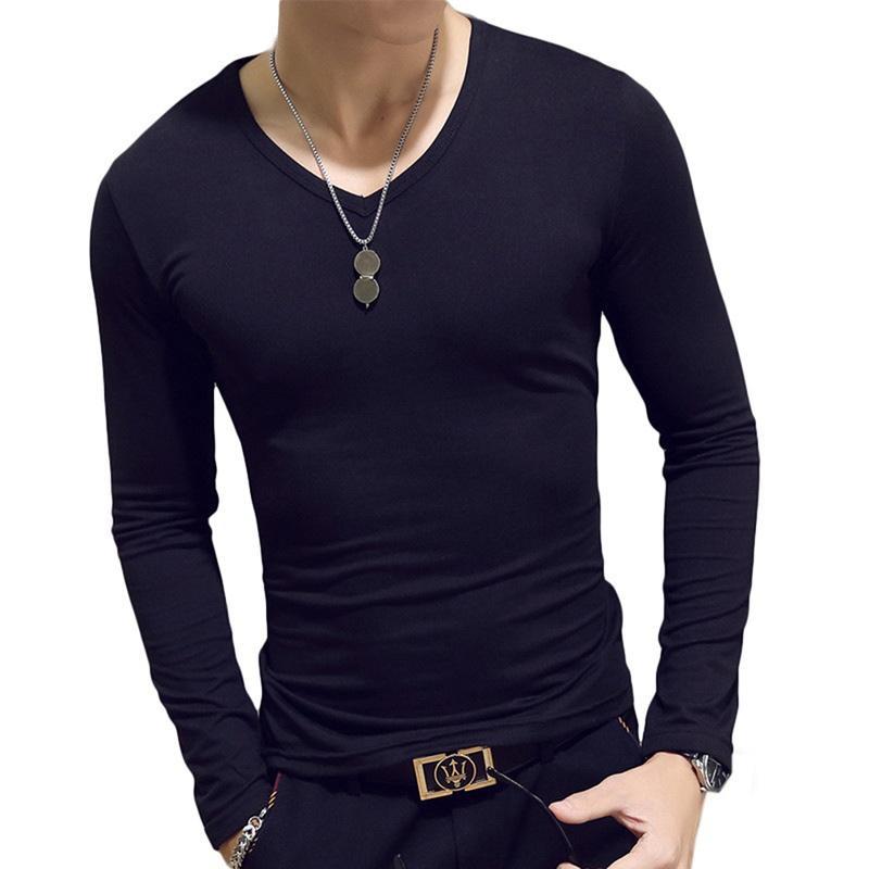 Single 2 Herenkleding 7 kleuren heren casual slim fit effen kleur katoenen T-shirts met lange mouwen en O/V-hals V neck-L zwart