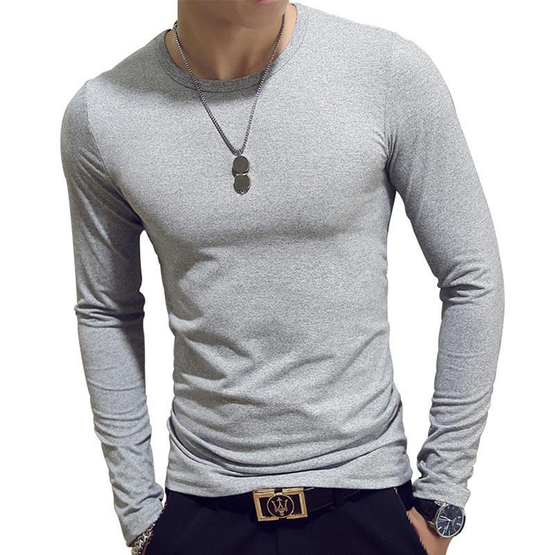 Single 2 Herenkleding 7 kleuren heren casual slim fit effen kleur katoenen T-shirts met lange mouwen en O/V-hals L-O neck grijs