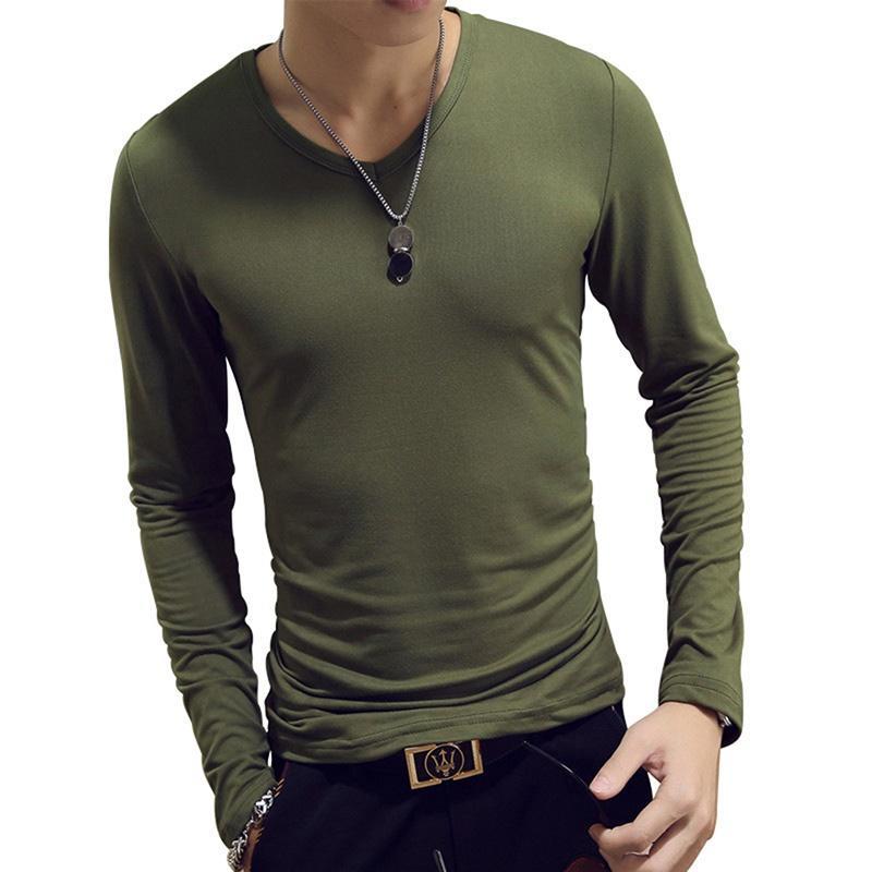 Single 2 Herenkleding 7 kleuren heren casual slim fit effen kleur katoenen T-shirts met lange mouwen en O/V-hals 2XL-O neck legergroene kleur