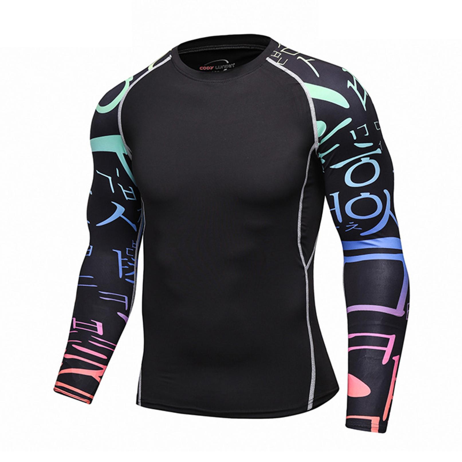 YOOJIA Heren sport strak T-shirt compressie Rashguard lange mouw hoge elastische print fitness tops M zwart