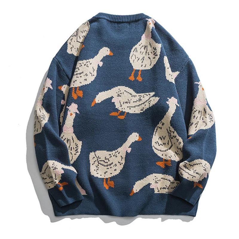 Qingpingjuan Herfst Winter Effen Kleur Nep Twee Stukken Gebreide Trui Heren Cartoon Dier Eend Gans Print Trui Casual O-hals Oversized Top Streetwear L blauw