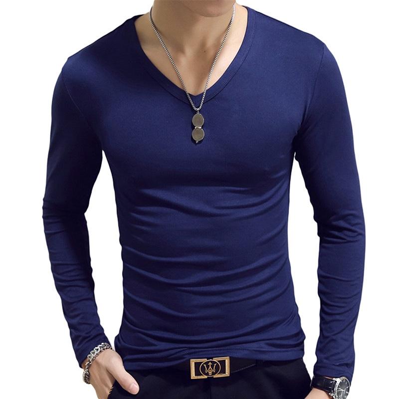 Waroomkkk 7 kleuren heren casual slim fit effen kleur lange mouw O/V-hals katoenen T-shirts V neck-L donkerblauwe kleur