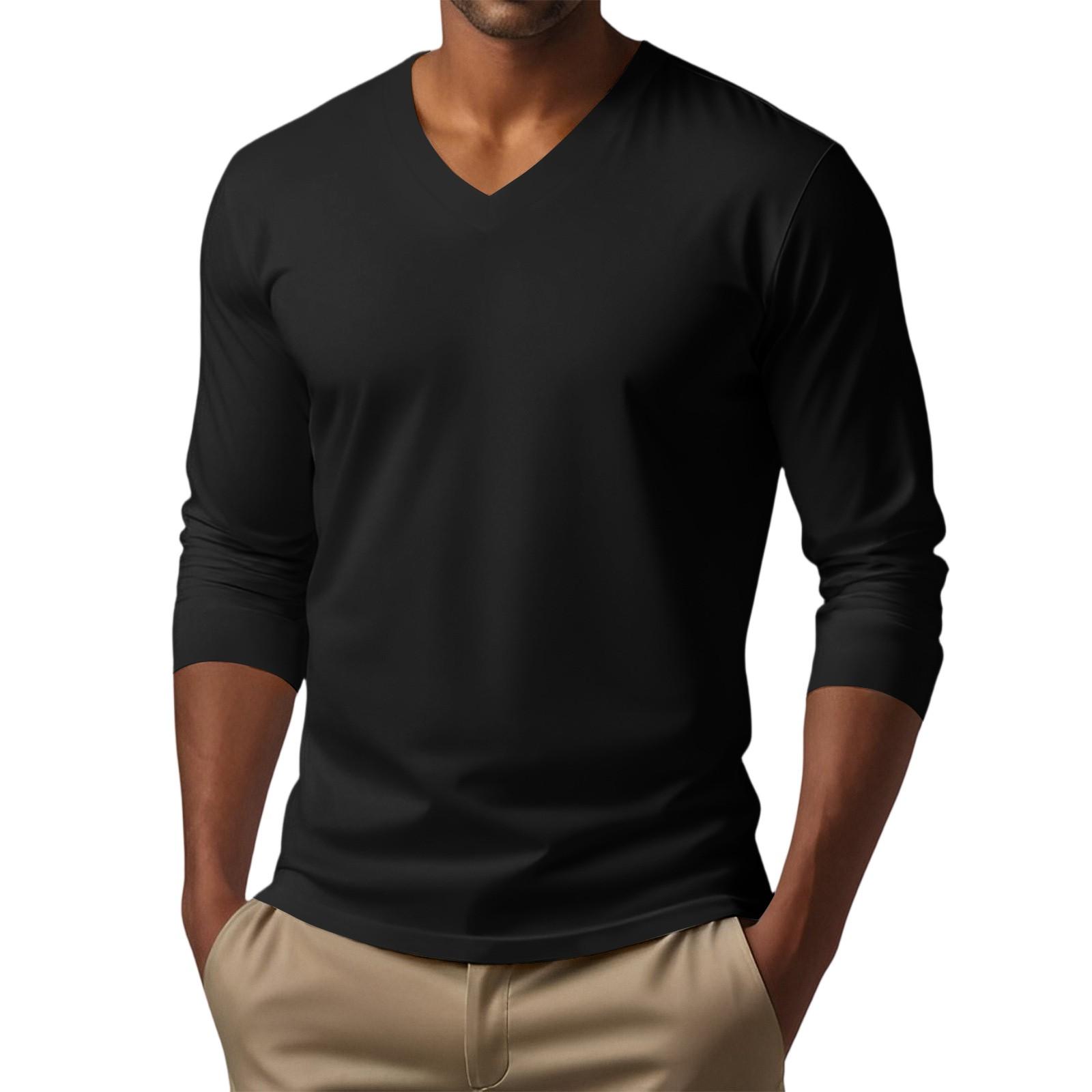 Yuki Men's V-neck Casual Solid Color Long-sleeved T-shirt Top XL zwart