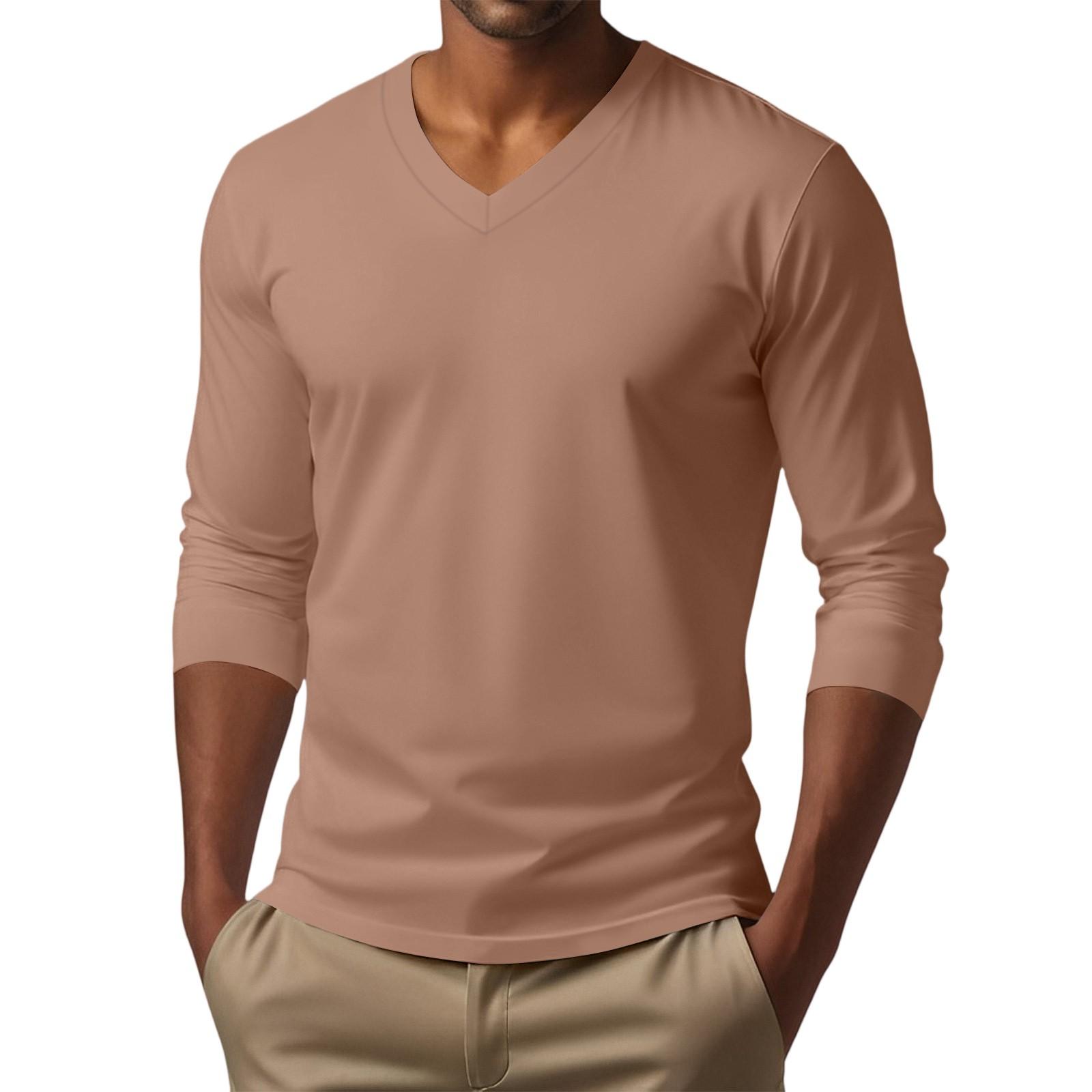 Yuki Men's V-neck Casual Solid Color Long-sleeved T-shirt Top L koffie