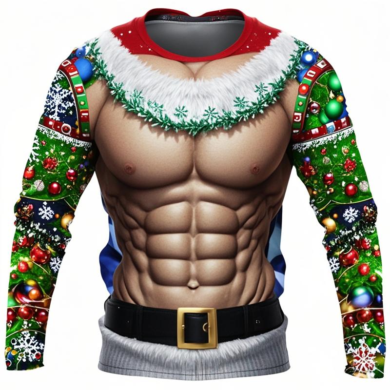 ETST 013 Muscle Christmas T-shirt Heren Tops Casual Losse Streetwear 3D Geprinte Lelijke Kerst Lange Mouw T-shirt Sport T-shirt Y2k Kleding 4XL