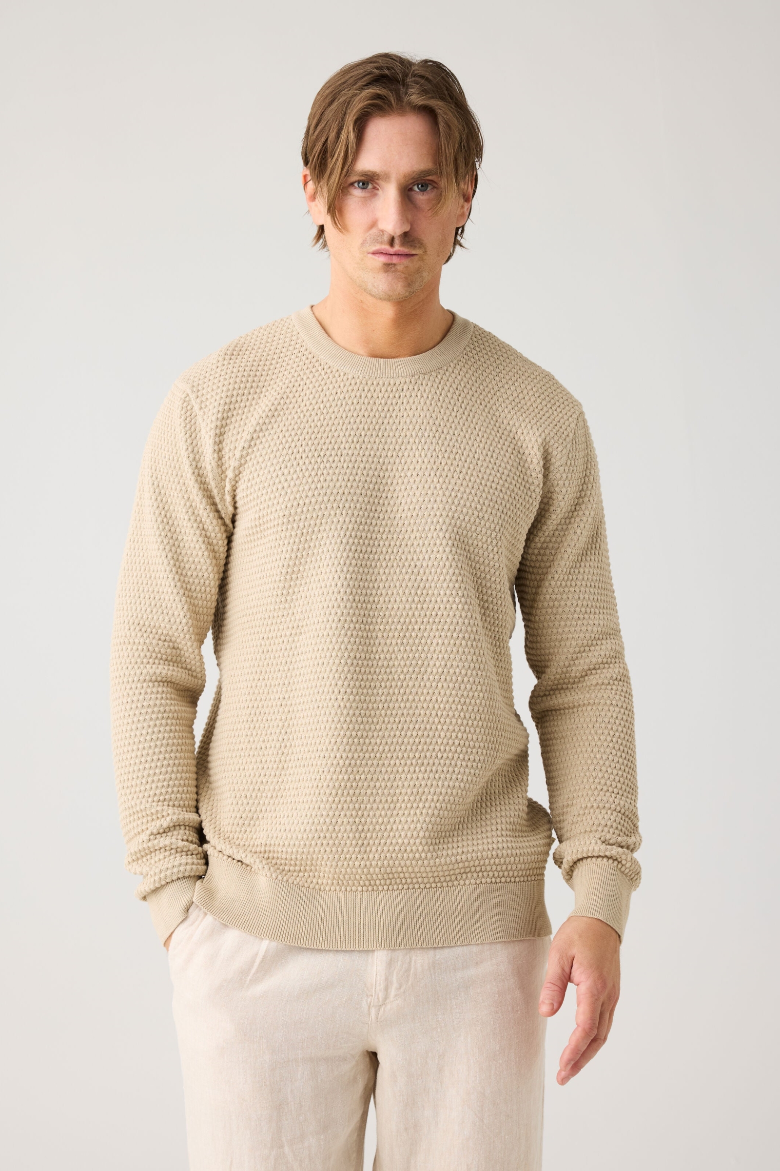 KnowledgeCotton Apparel Herren vegan Strickpullover Vagn Bubble Crew Neck Light Feather Grey