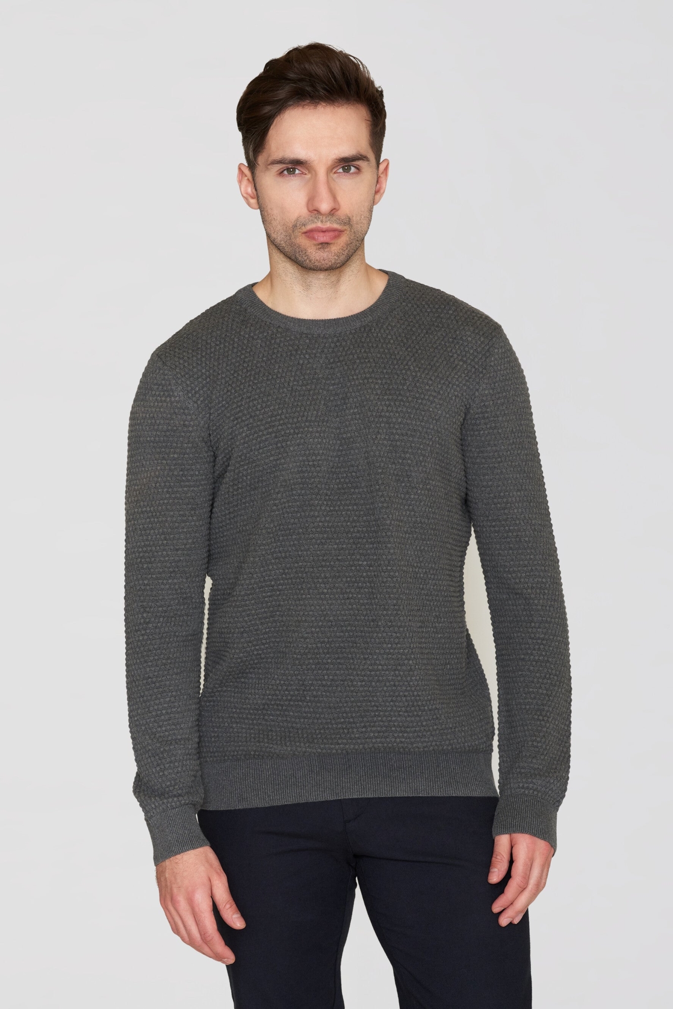 KnowledgeCotton Apparel Herren vegan Strickpullover Vagn Bubble Rundhalsausschnitt Dunkelgrau Melange