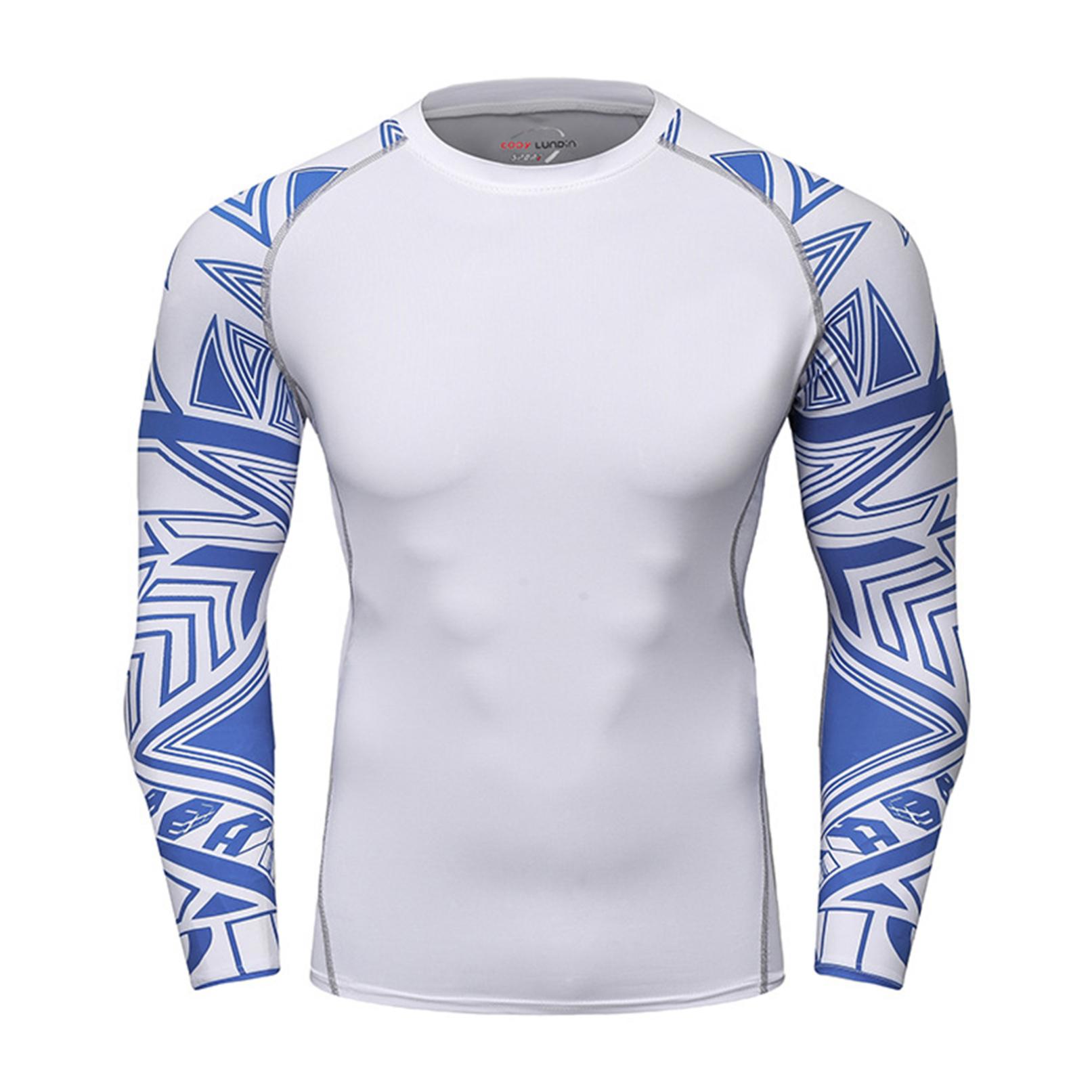 YOOJIA Heren sport strak T-shirt compressie Rashguard lange mouw hoge elastische print fitness tops XXL blauw/wit