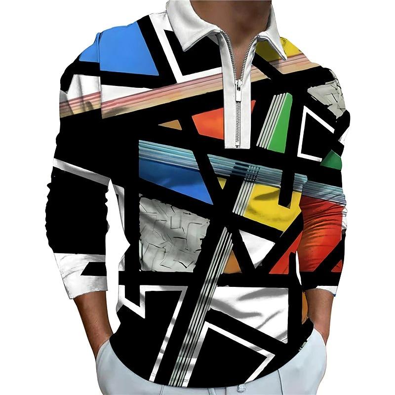 3D Custom Clothing Poloshirts Heren met lange mouwen, mode, multikleur, onregelmatig patroon, nieuwe herenpoloshirt, lange mouw, rits, T-shirt, top 8XL veelkleurig