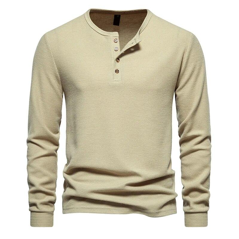 Leefona Waffle Henley T-shirt Heren Lange Mouw Basic Ademend Heren Tops T-shirts Nieuwe Herfst Casual Effen Kleur Knoop T-shirts M kaki