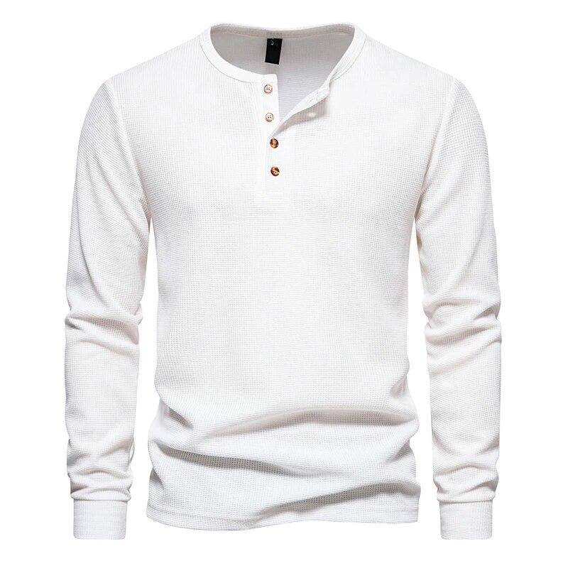 Leefona Waffle Henley T-shirt Heren Lange Mouw Basic Ademend Heren Tops T-shirts Nieuwe Herfst Casual Effen Kleur Knoop T-shirts M wit