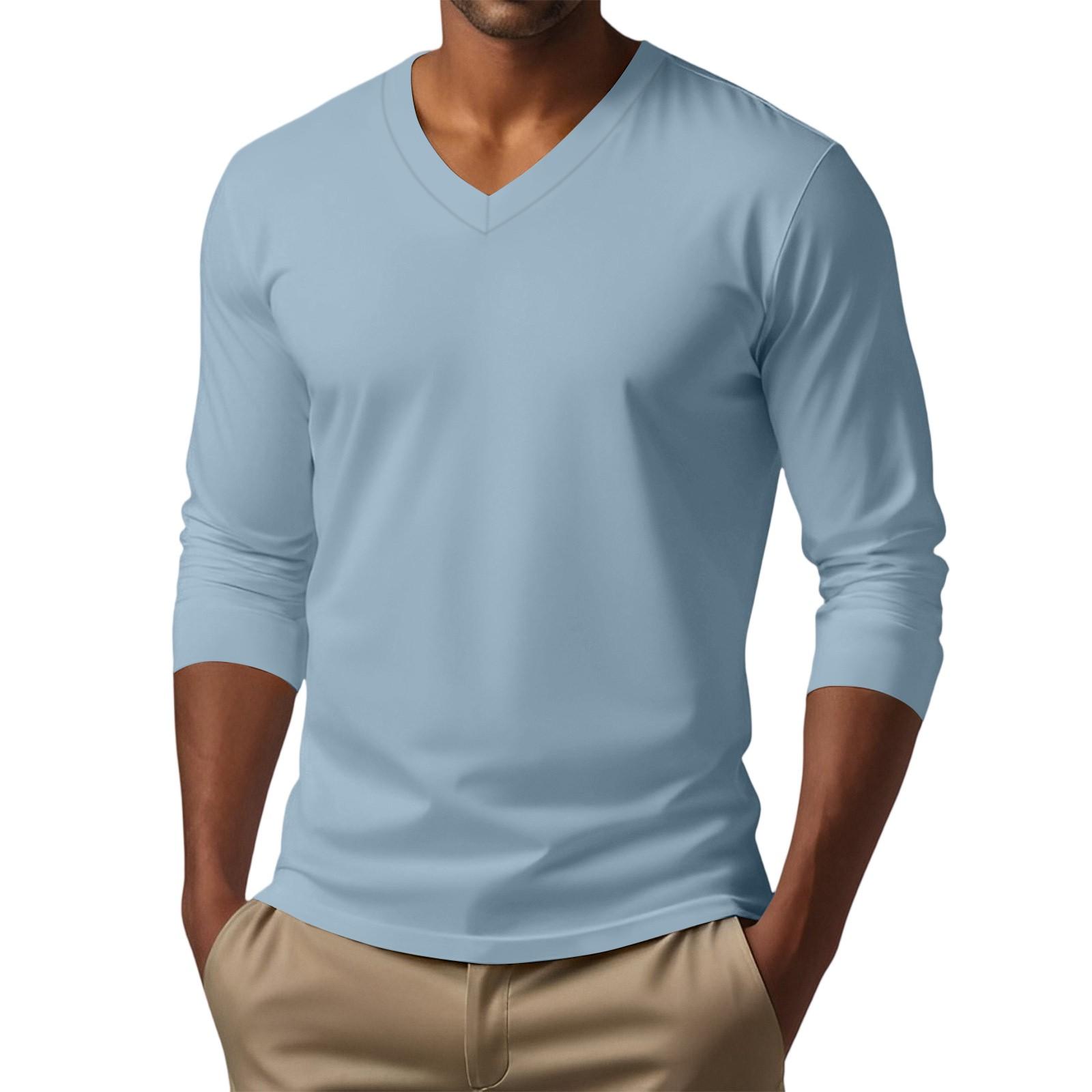 Yuki Men's V-neck Casual Solid Color Long-sleeved T-shirt Top XL hemelsblauwe kleur