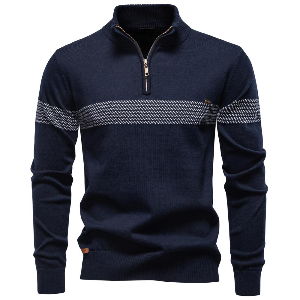 AIOPESON Thermal Men's Sweater Half Zip Knit Pullover Thick Warm Striped Design Knitted Outdoor Casual Sweater Men EUR L 75-85kg marineblauwe kleur