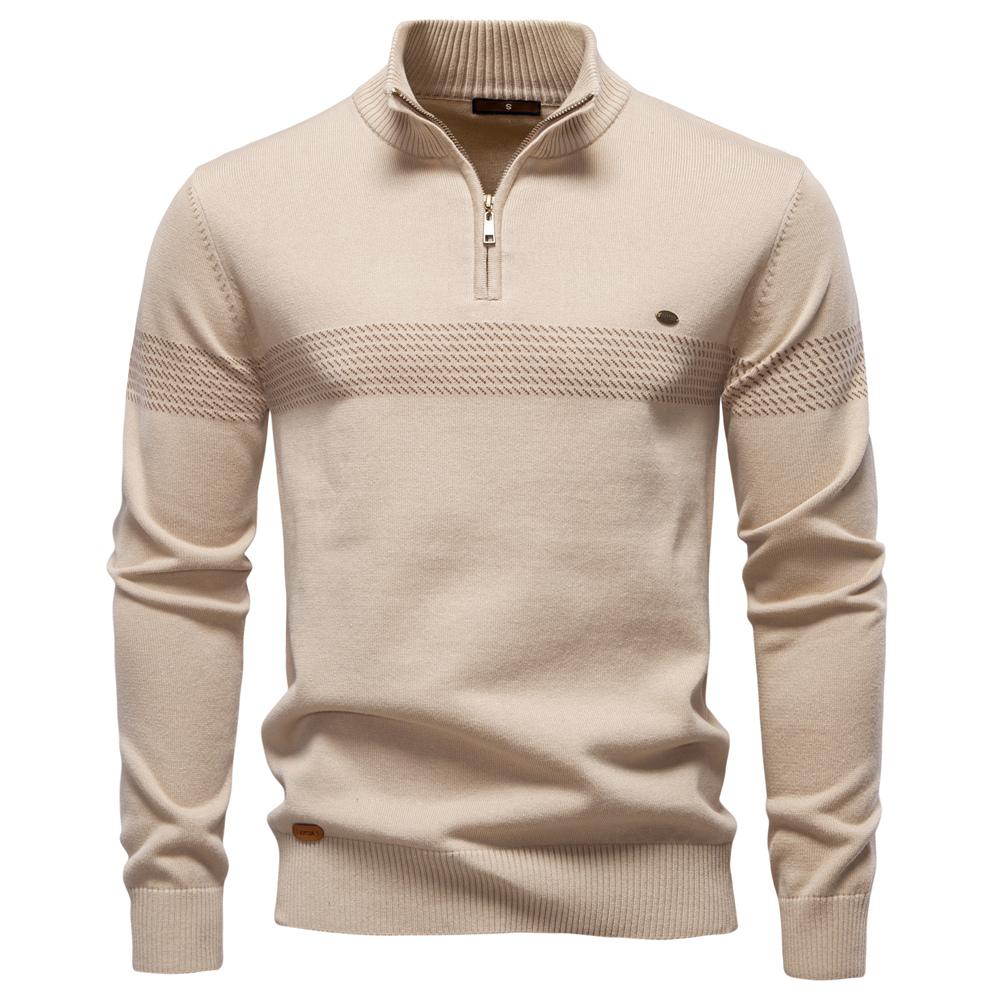 AIOPESON Thermal Men's Sweater Half Zip Knit Pullover Thick Warm Striped Design Knitted Outdoor Casual Sweater Men EUR M 65-75kg beige