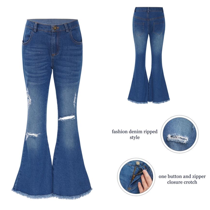 IEFiEL Casual lange broek voor kinderen, meisjes, elastische tailleband, braamzoom, gescheurde denimbroek met bell-bottom 12-14 Years blauw
