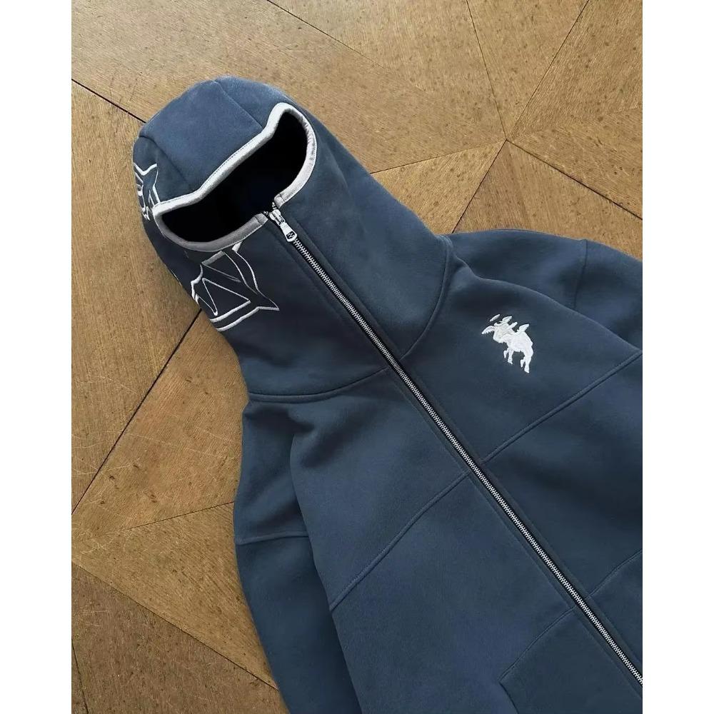 GEMTIDE Divin Vintage Washed Zip Hoodie Y2K Jas Heren Rock Hip Hop Patchwork Geborduurd Oversized Hoodie Sweatshirt Lange Mouwen Tops XXL
