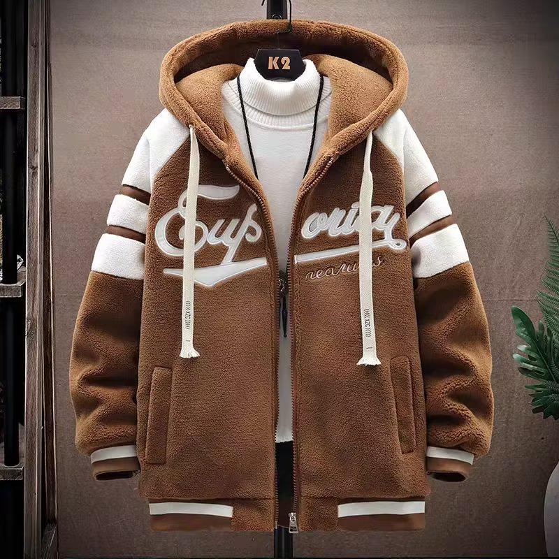 StrideBox Men's Plus Size Lamb Fleece Cotton Hooded Jacket - Loose Fit, Thick Zipper Cardigan for Teenagers 7XL