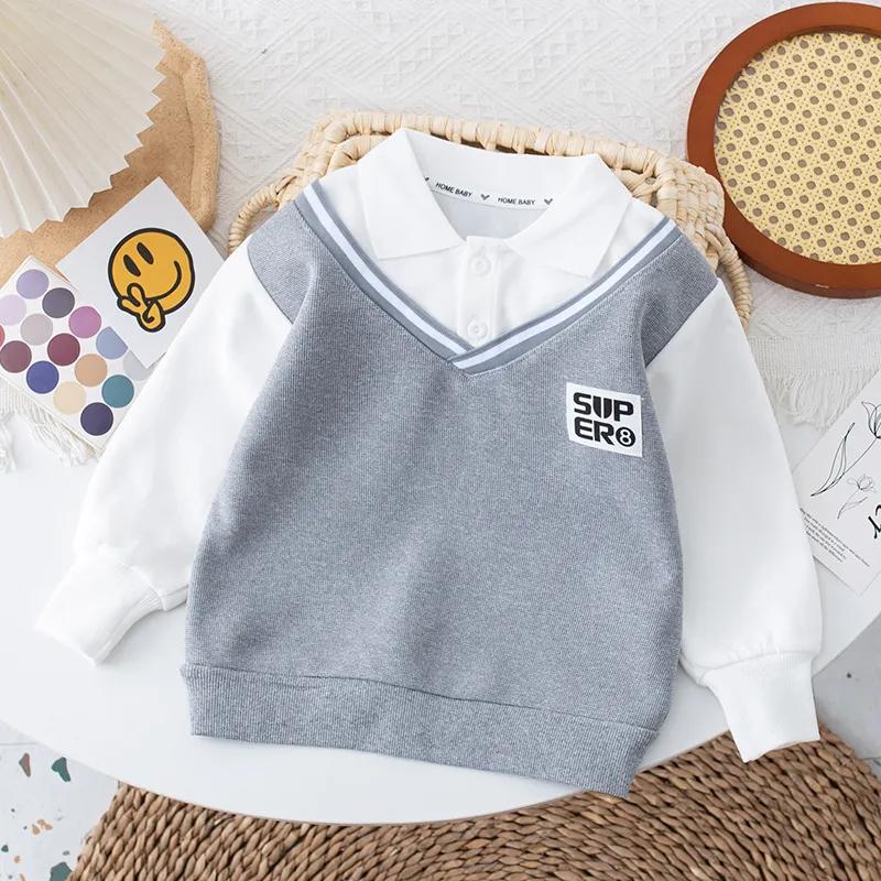 Happytimes Lente- en herfsttruien voor jongens, kinderpoloshirts, nep-tweedelige babykleding 160cm grijs