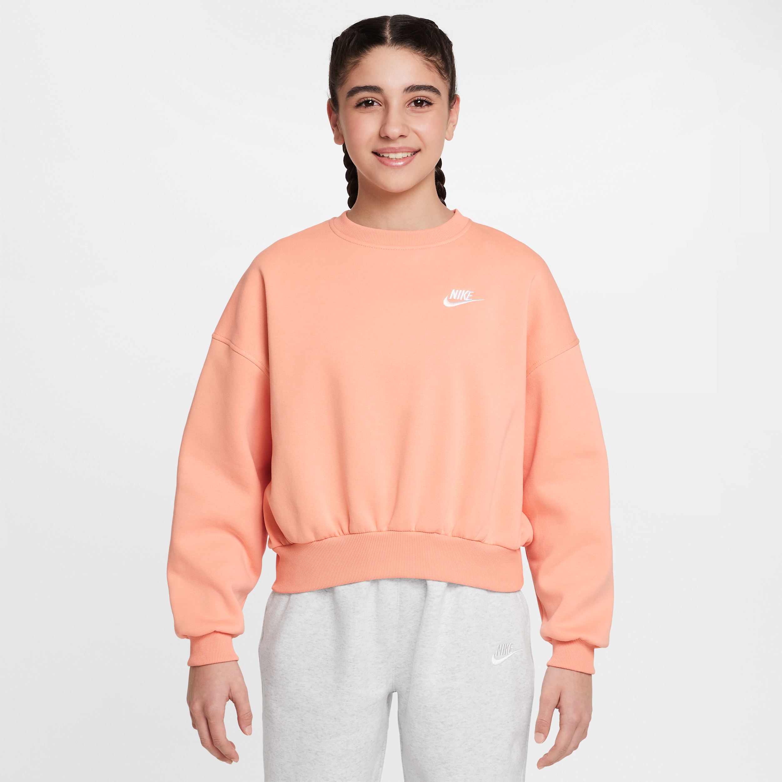 Nike Club Fleece sweatshirt met ronde hals en recht design voor meisjes - Oranje