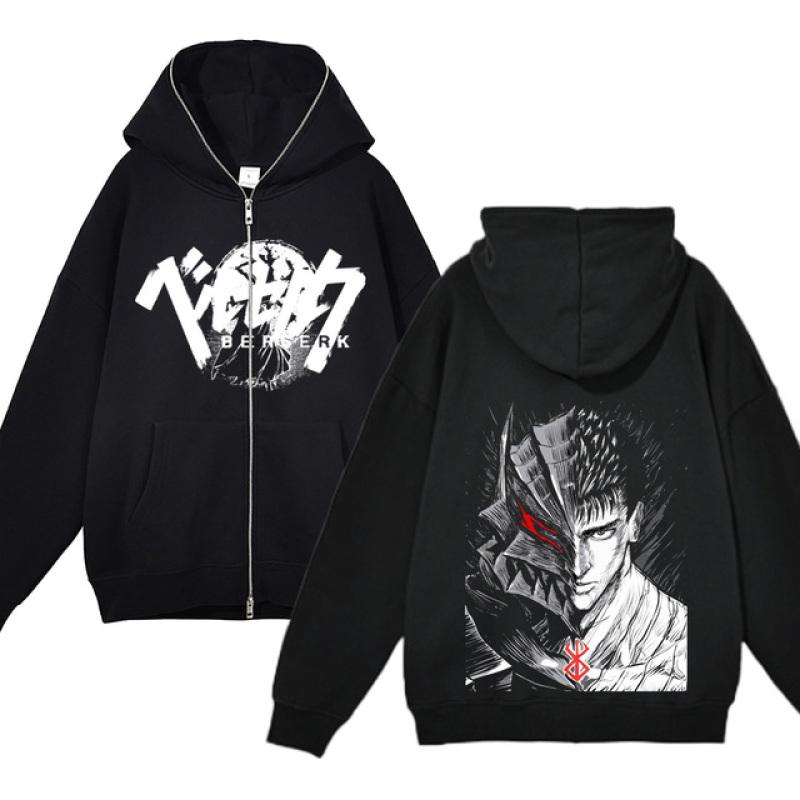 TENJINGE Trendy Berserk Sweatshirt Full Zip Jassen Y2k Hoodies Casual Sweatshirts Anime Print Jas Herfst Fleece Kleding Lef Capuchon voor Mannen XXXL