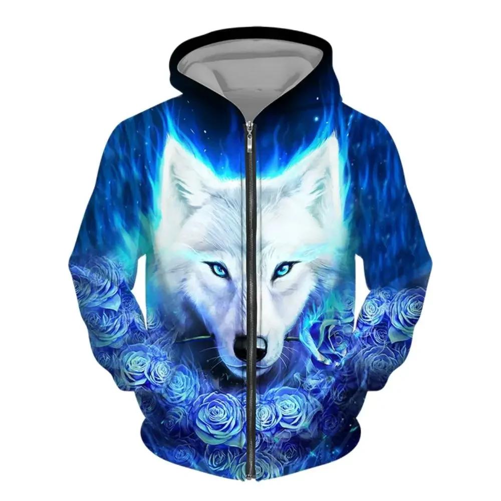 ETST0013 Heren hoodie met rits Wolf 3D-geprinte hoodie met rits heren trui mode casual trui straat Harajuku Kleding Lente en herfst S