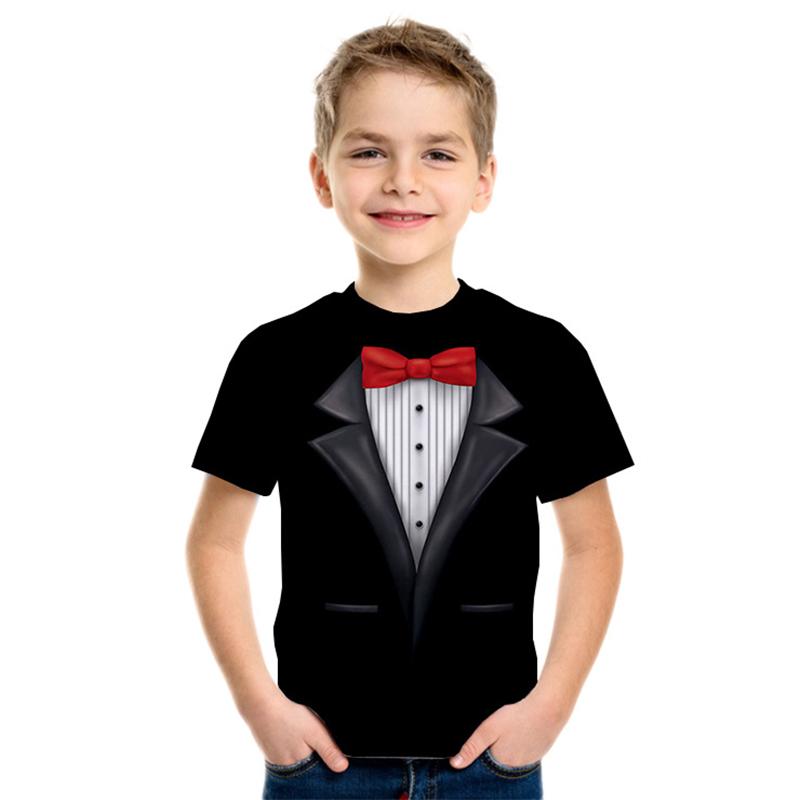 HerSight Faux Formeel Pak Jongens Meisjes Tee Korte Mouw Zomer Grappige Kinderen Shirt 3D Kinderen Zwarte T-shirts Party Bedrukte Kleding 130