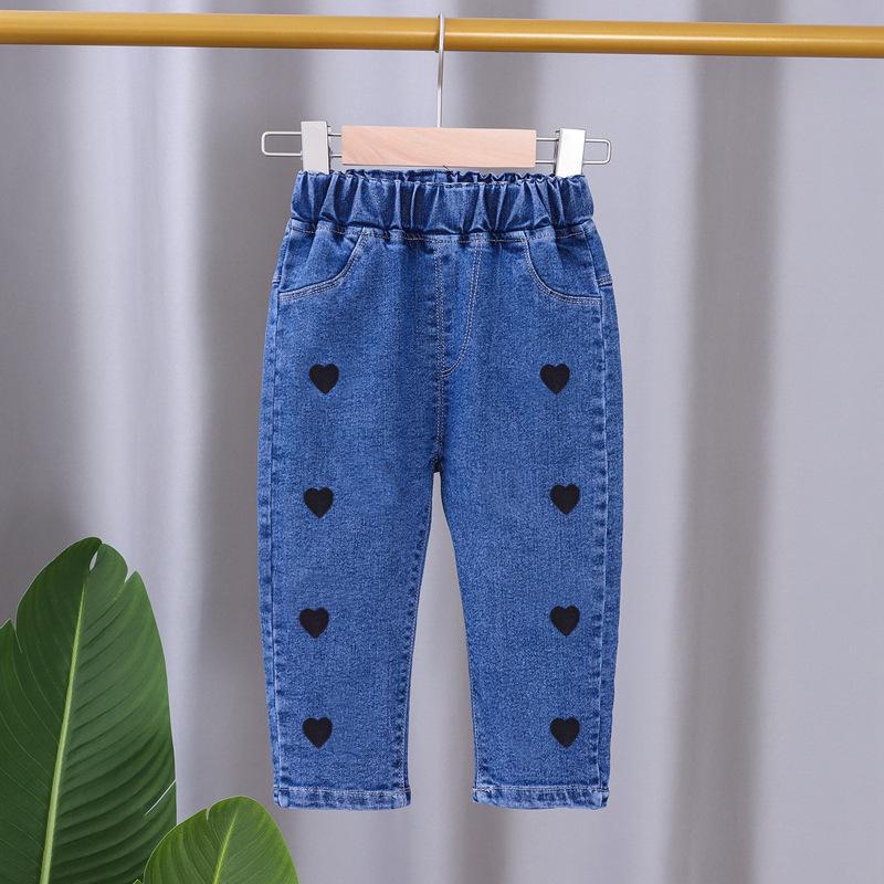 AI Supermarket Stijlvolle Koreaanse lente- en herfstjeans voor meisjes uit 2024 – Losse kinderbroeken Heart, 90cm