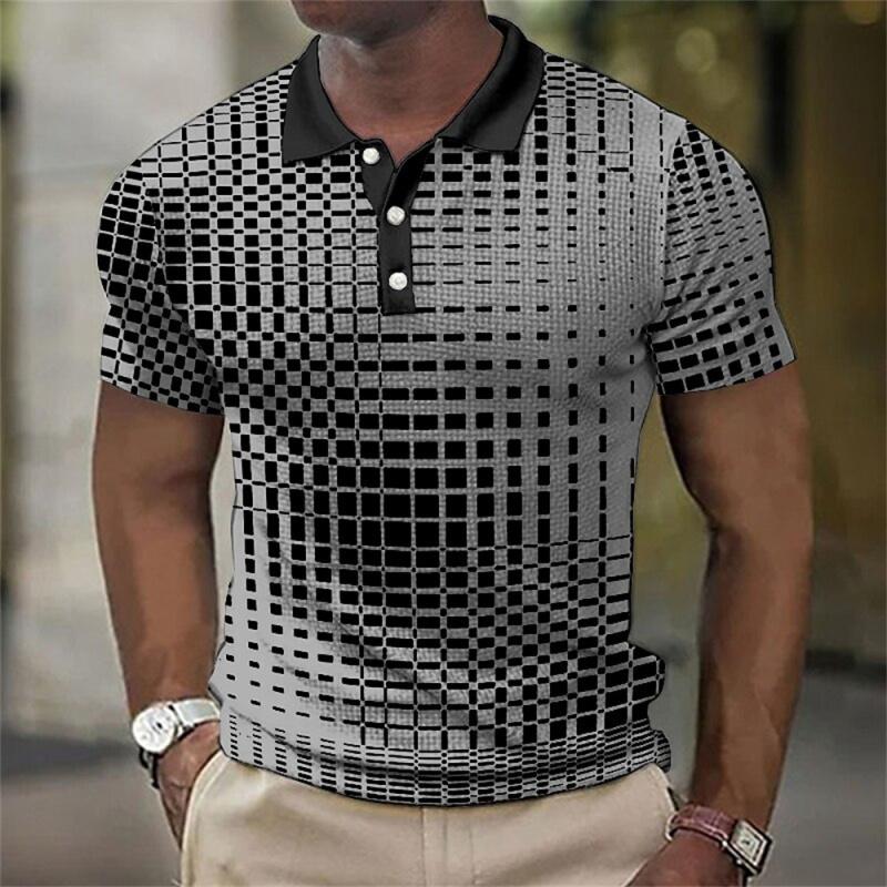 Haojun Herenpoloshirt met 3D-printontwerp van rasterpatroon, ademend zomerpoloshirt. 4XL