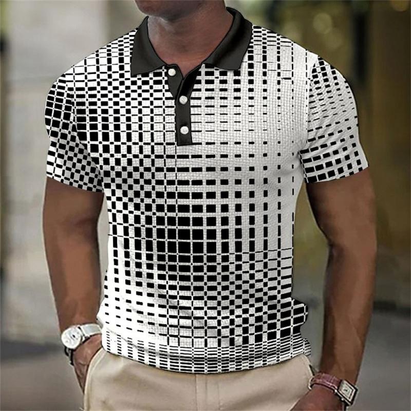 Haojun Herenpoloshirt met 3D-printontwerp van rasterpatroon, ademend zomerpoloshirt. 5XL