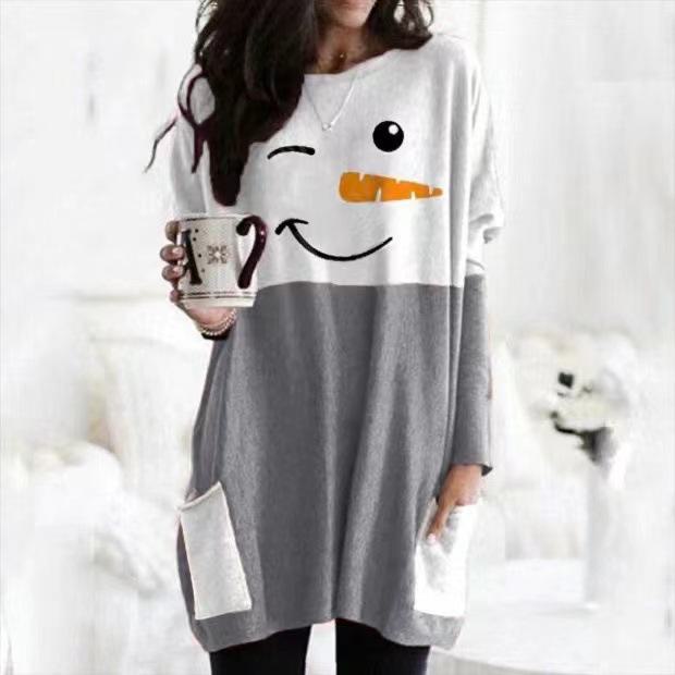 Get one Sneeuwman Print T-shirtjurk met lange mouwen voor herfst/winter 2023 4XL