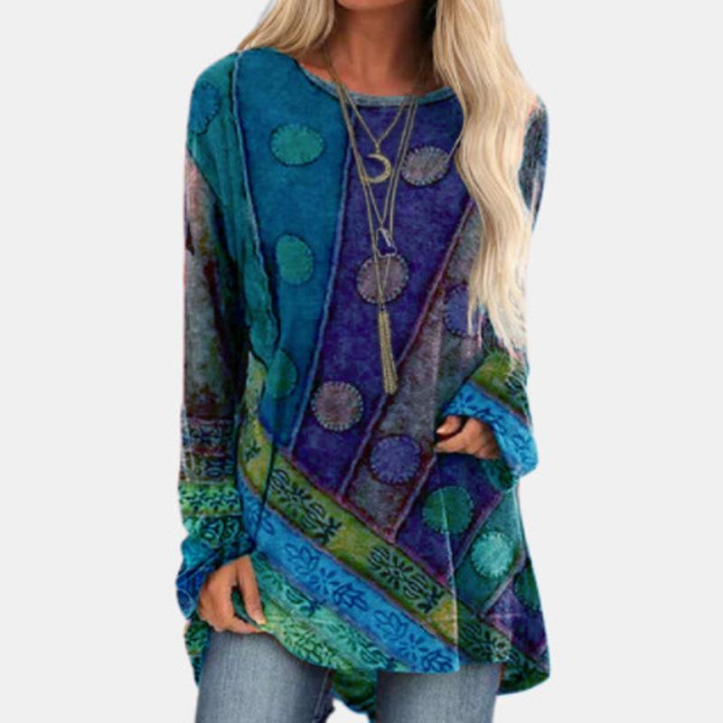 ETST0013 Nieuwe etnische stijl Boho T-shirts Geometrische 3D-print Vrouwen Lange mouw T-shirt Oversized Streetwear Tuniek Tees Tops Vrouwelijke kleding 7XL